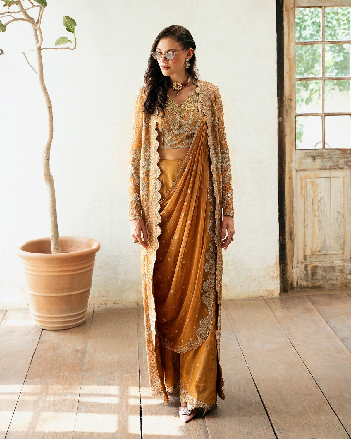 Mysie by Tahira | Eid Festive | AMNAAH-Brand:Mysie by Tahira-Type:Ladies Clothes-Mustard-Organza-House of Maryam- Buy in UK, USA