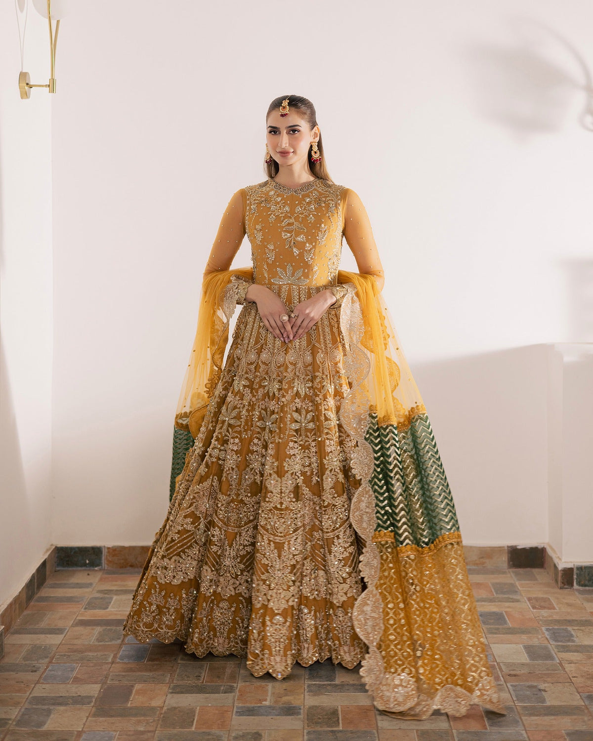 Mysie by Tahira | Wedding Formal Wears | KAYNAT-Brand:Mysie by Tahira-Type:Ladies Clothes-Mustard Yellow-Chiffon-House of Maryam- Buy in UK, USA