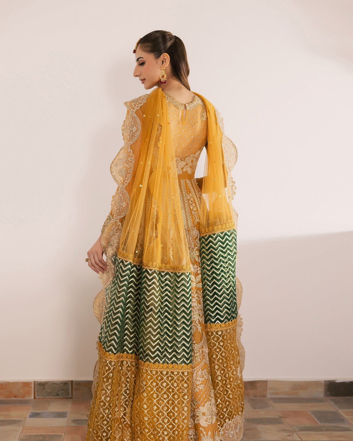 Mysie by Tahira | Wedding Formal Wears | KAYNAT-Brand:Mysie by Tahira-Type:Ladies Clothes-Mustard Yellow-Chiffon-House of Maryam- Buy in UK, USA