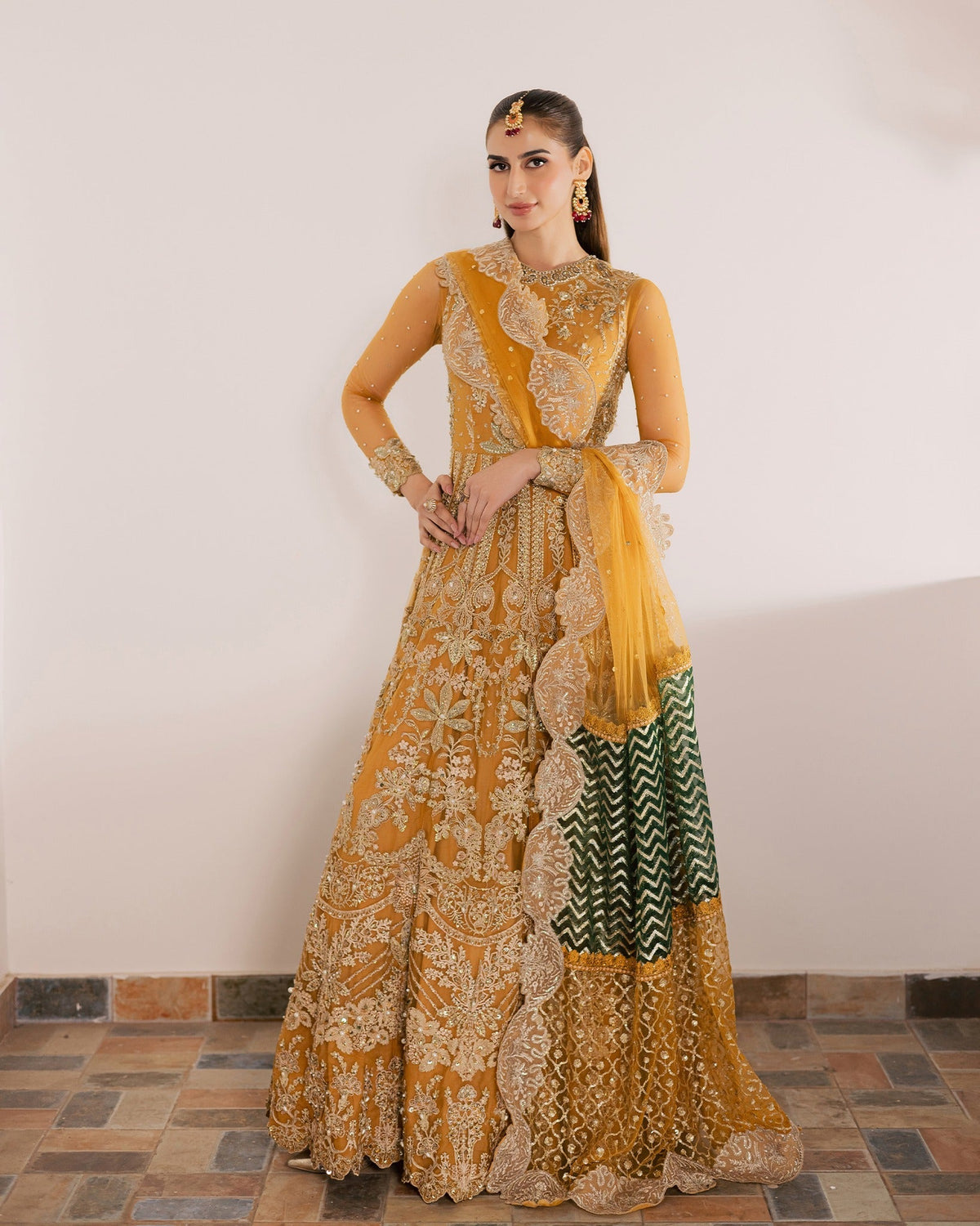 Mysie by Tahira | Wedding Formal Wears | KAYNAT-Brand:Mysie by Tahira-Type:Ladies Clothes-Mustard Yellow-Chiffon-House of Maryam- Buy in UK, USA