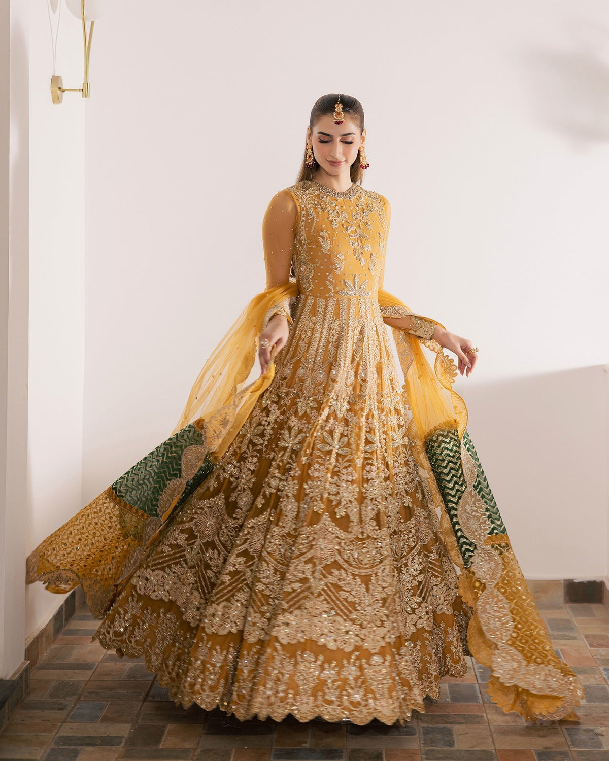 Mysie by Tahira | Wedding Formal Wears | KAYNAT-Brand:Mysie by Tahira-Type:Ladies Clothes-Mustard Yellow-Chiffon-House of Maryam- Buy in UK, USA