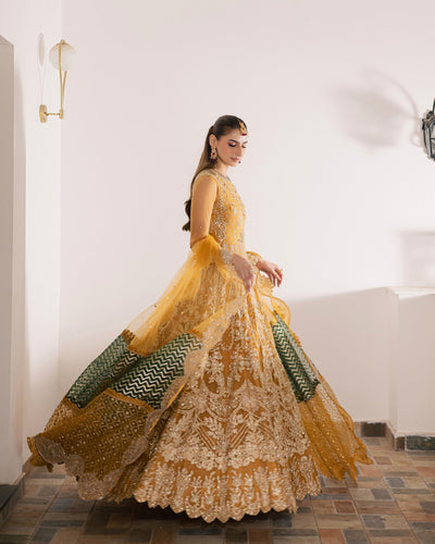Mysie by Tahira | Wedding Formal Wears | KAYNAT-Brand:Mysie by Tahira-Type:Ladies Clothes-Mustard Yellow-Chiffon-House of Maryam- Buy in UK, USA