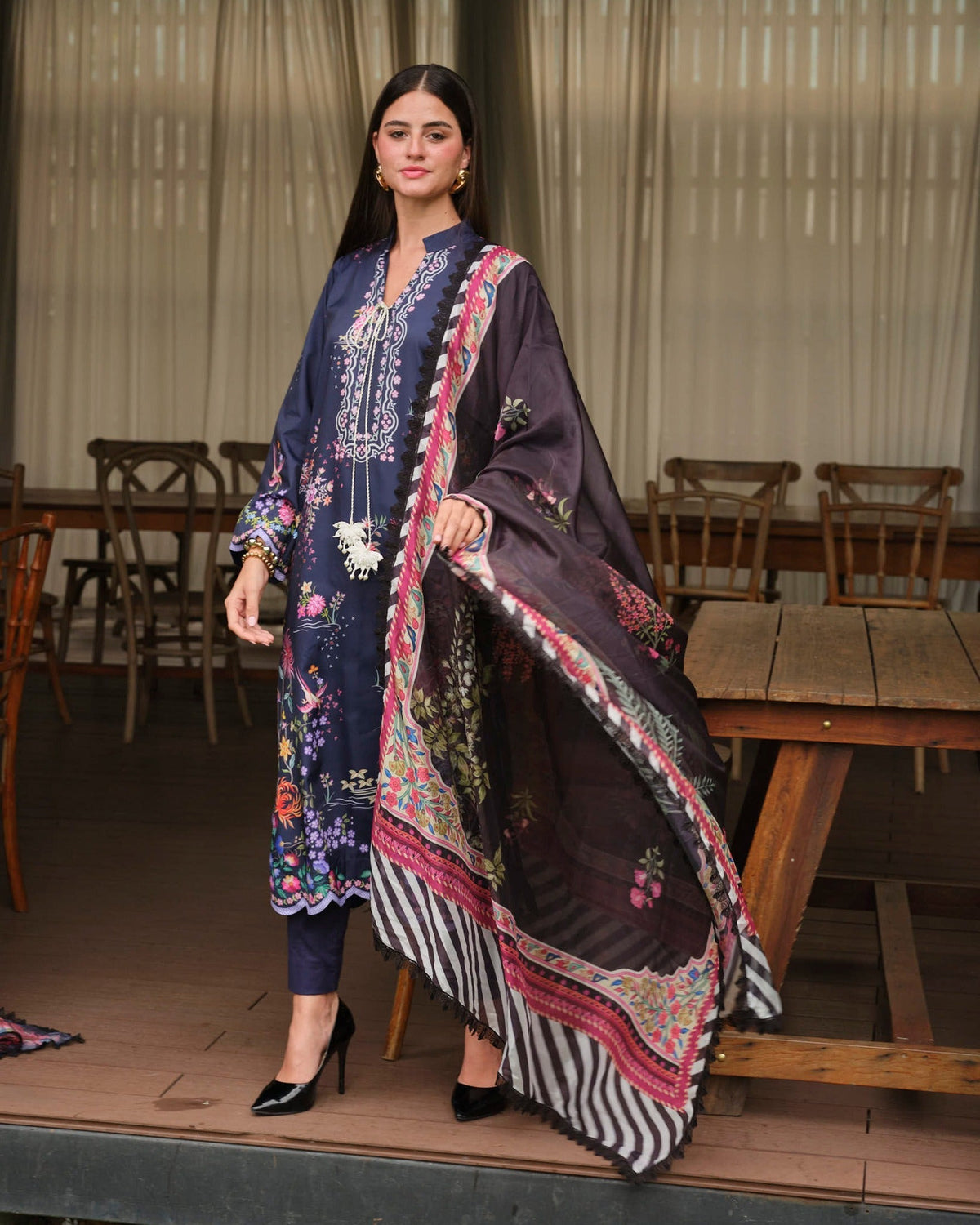 Mysie by Tahira | Wedding Formal Wears | M - 1-Brand:Mysie by Tahira-Type:Ladies Clothes-Dark Navy Blue-Raw Silk-House of Maryam- Buy in UK, USA