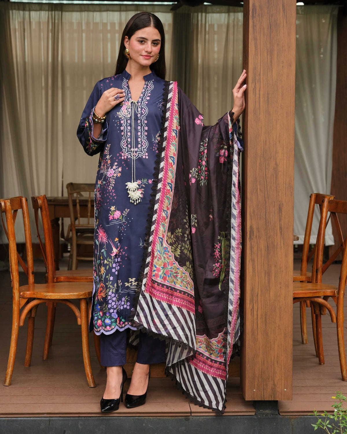 Mysie by Tahira | Wedding Formal Wears | M - 1-Brand:Mysie by Tahira-Type:Ladies Clothes-Dark Navy Blue-Raw Silk-House of Maryam- Buy in UK, USA