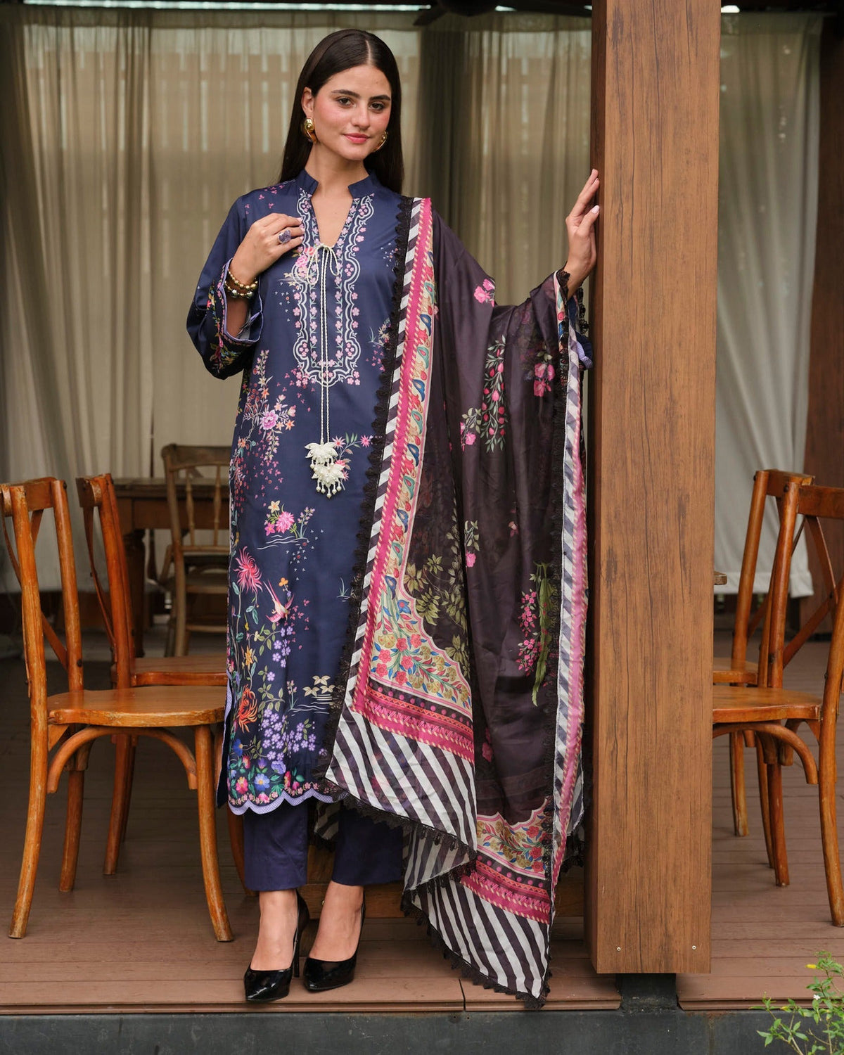 Mysie by Tahira | Wedding Formal Wears | M - 1-Brand:Mysie by Tahira-Type:Ladies Clothes-Dark Navy Blue-Raw Silk-House of Maryam- Buy in UK, USA