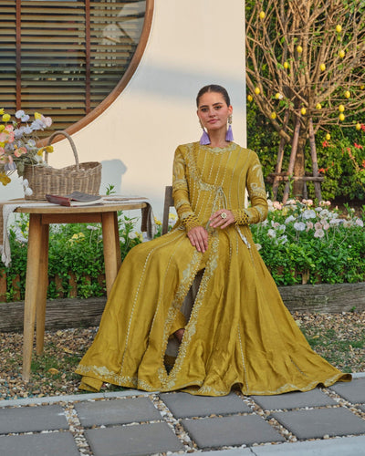 Mysie by Tahira | Wedding Formal Wears | SAMREEN-Brand:Mysie by Tahira-Type:Ladies Clothes-Mustard-Raw Silk-House of Maryam- Buy in UK, USA