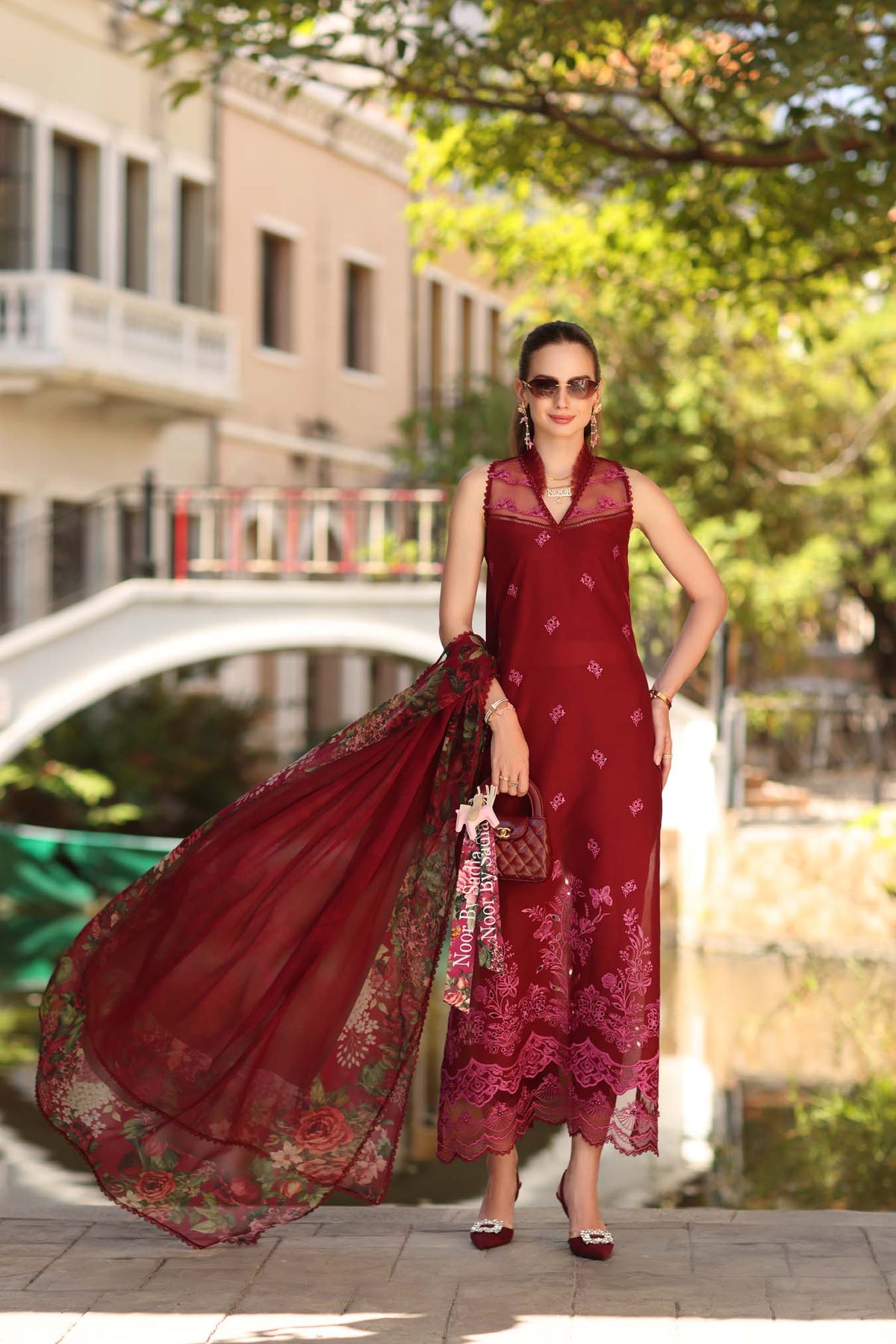 Noor by Saadia Asad | Eid Luxe Printkhaas 26 | D1 - A - Ruby-Brand:Noor by Saadia Asad-Type:Ladies Clothes-Ruby Red-Lawn-House of Maryam- Buy in UK, USA