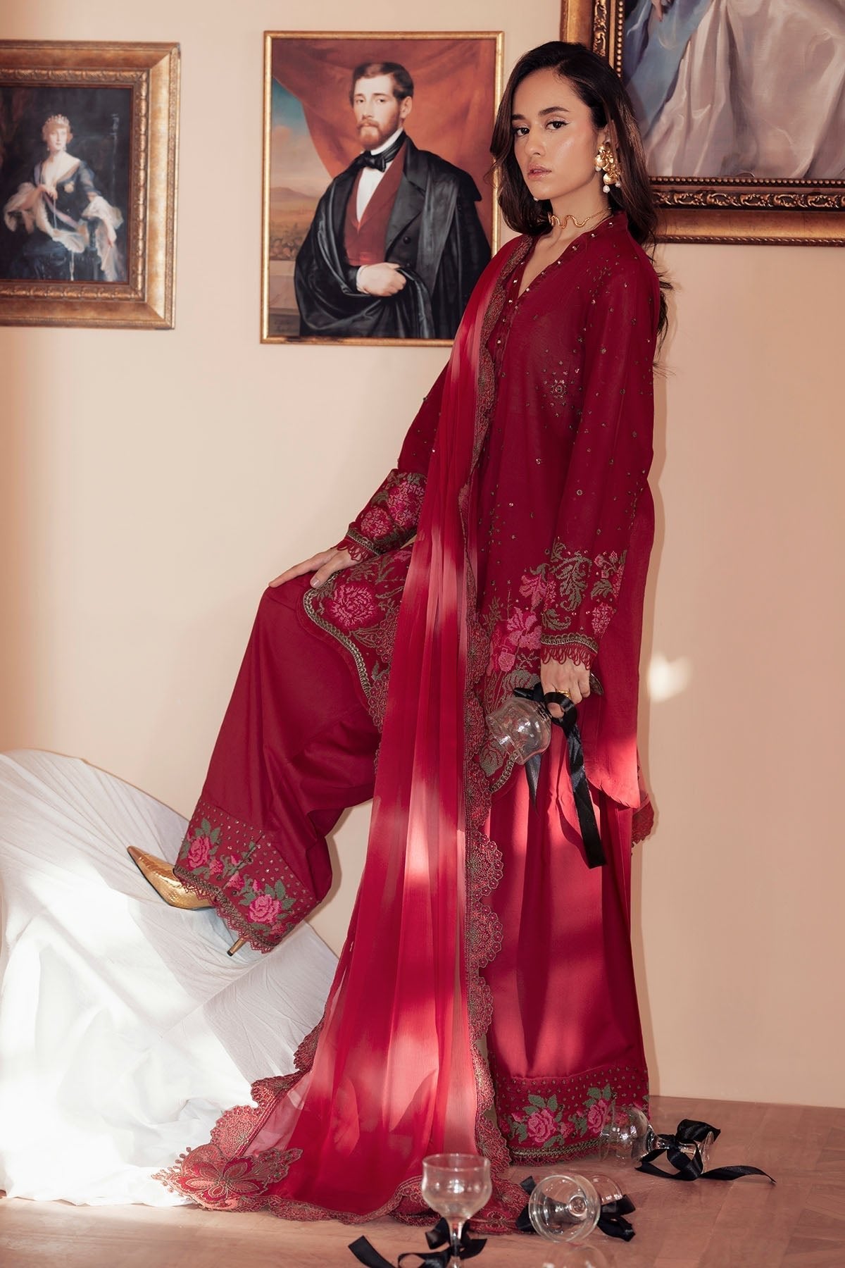 Nureh | Feya Eid Collection | FE-07-Brand:Nureh-Type:Ladies Clothes-Carmine-Lawn-House of Maryam- Buy in UK, USA