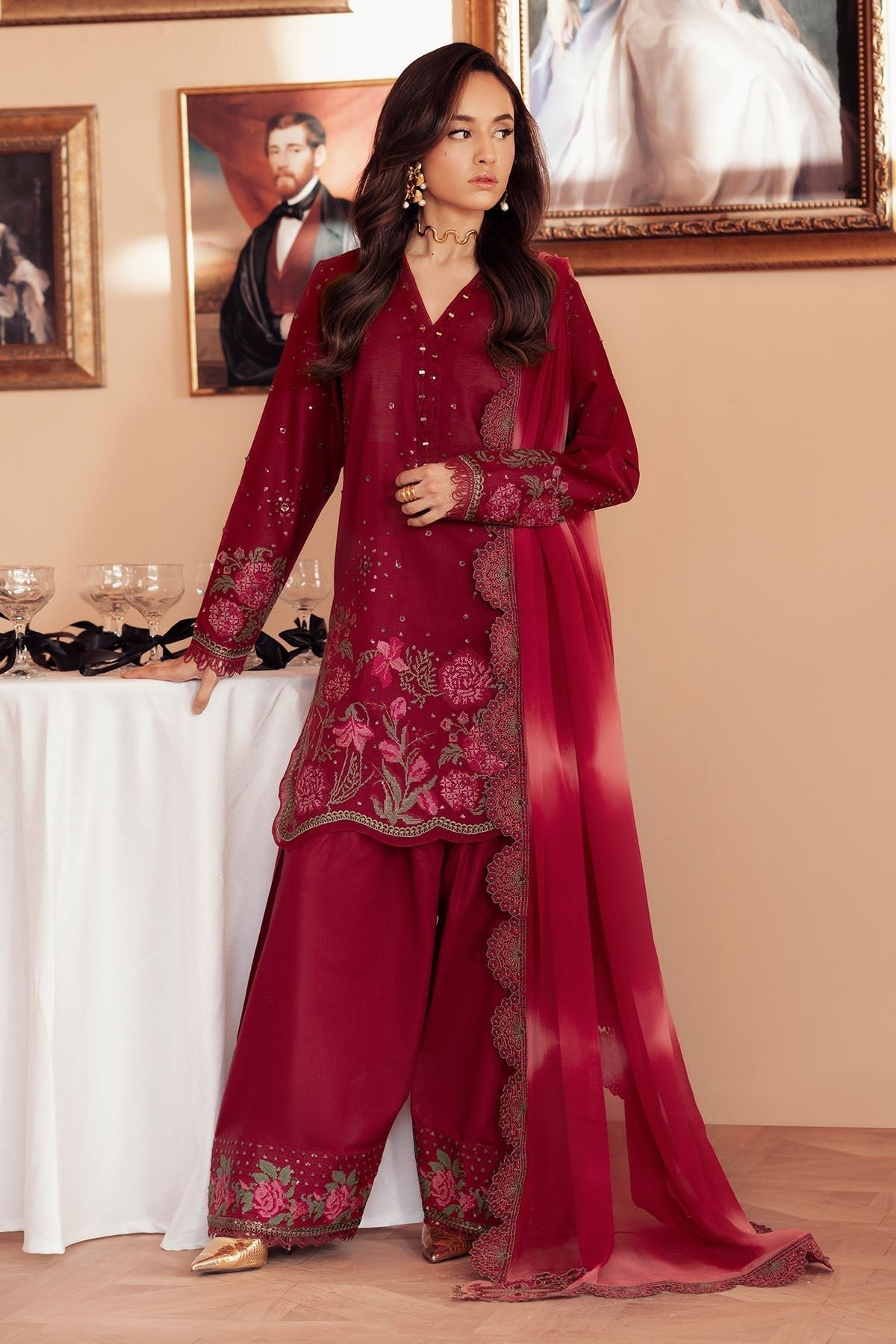 Nureh | Feya Eid Collection | FE-07-Brand:Nureh-Type:Ladies Clothes-Carmine-Lawn-House of Maryam- Buy in UK, USA