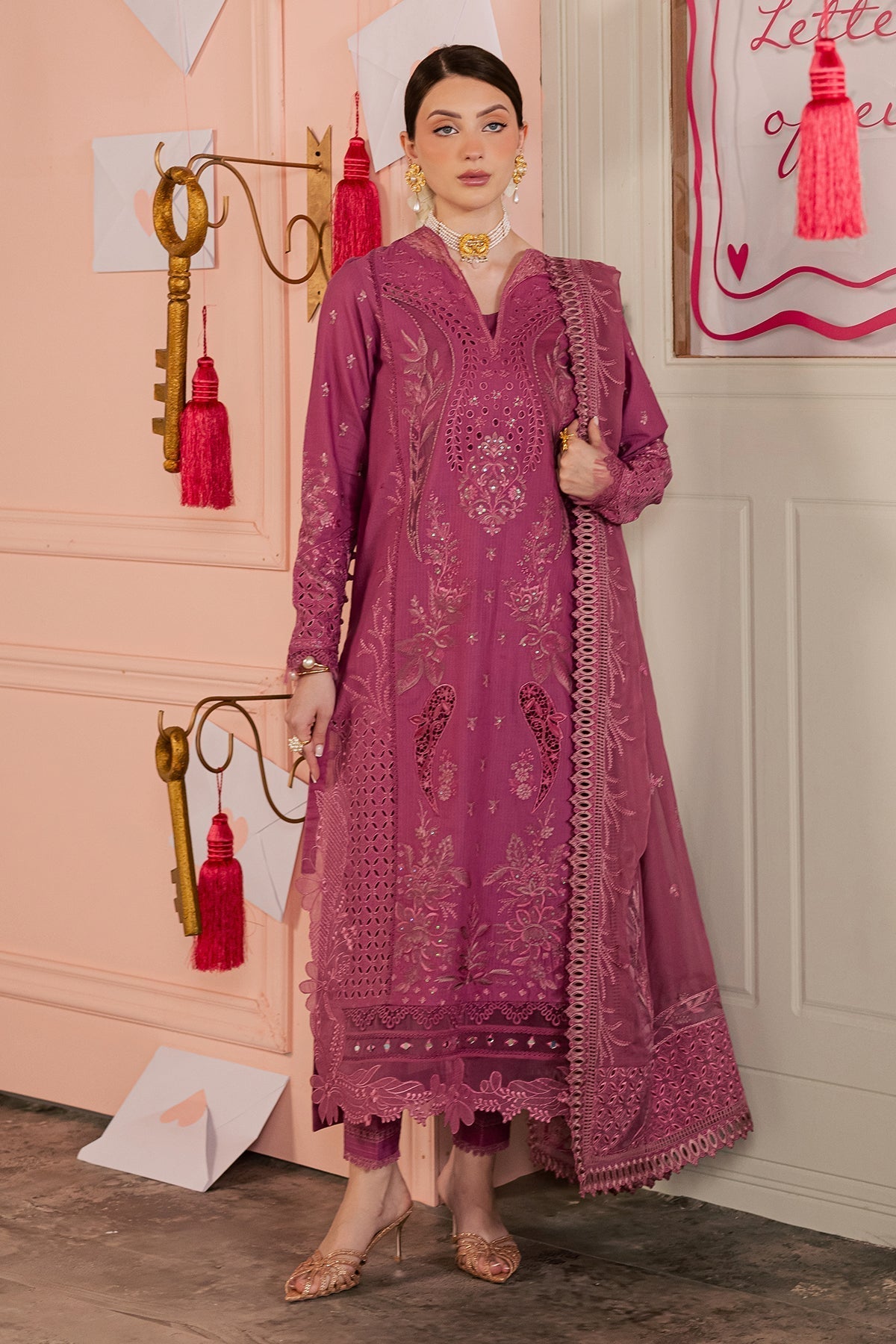 Nureh | Luxury Pret | FE-13-Brand:Nureh-Type:Ladies Clothes-Magenta-Doriya Lawn-House of Maryam- Buy in UK, USA