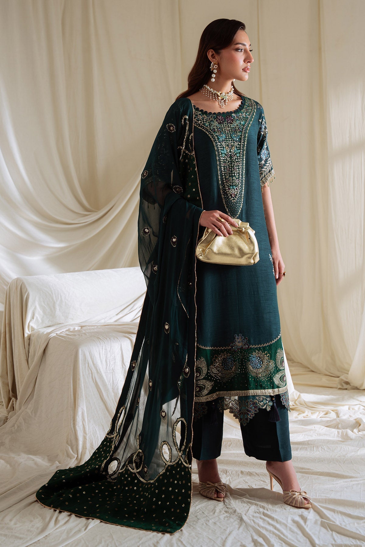 Nureh | Omara Formals | NEL-90-Brand:Nureh-Type:Ladies Clothes-Sage Green-Silk-House of Maryam- Buy in UK, USA