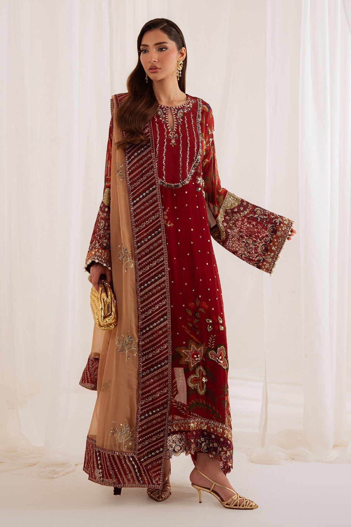 Nureh | Omara Formals | NEL-92-Brand:Nureh-Type:Ladies Clothes-Maroon-Chiffon-House of Maryam- Buy in UK, USA