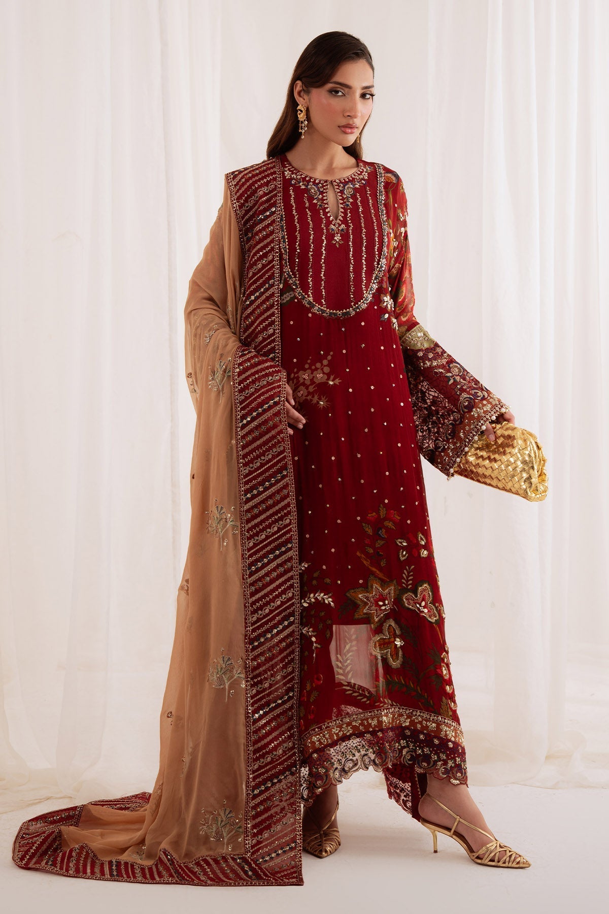 Nureh | Omara Formals | NEL-92-Brand:Nureh-Type:Ladies Clothes-Maroon-Chiffon-House of Maryam- Buy in UK, USA