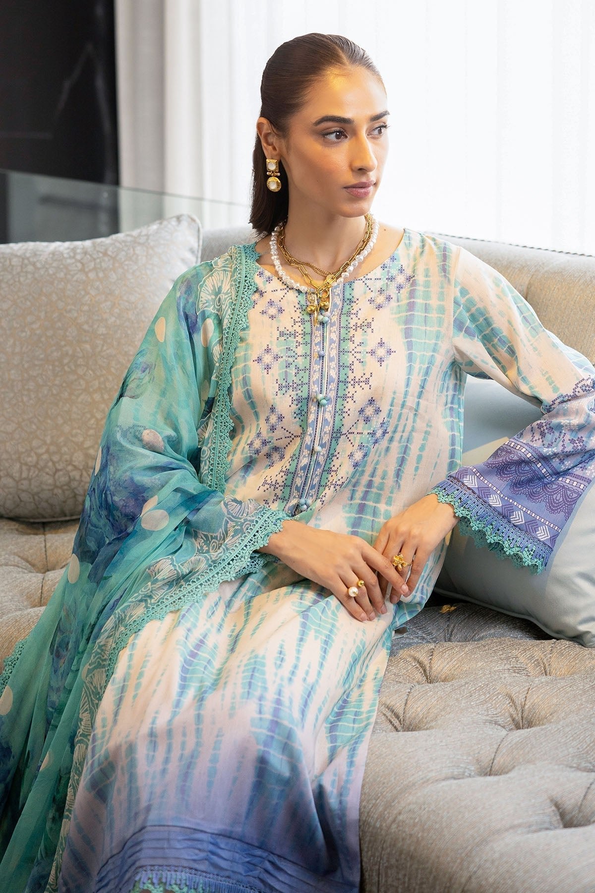 Nureh | Printed lawn 25 | SP-117-Brand:Nureh-Type:Ladies Clothes-Off White-Lawn-House of Maryam- Buy in UK, USA