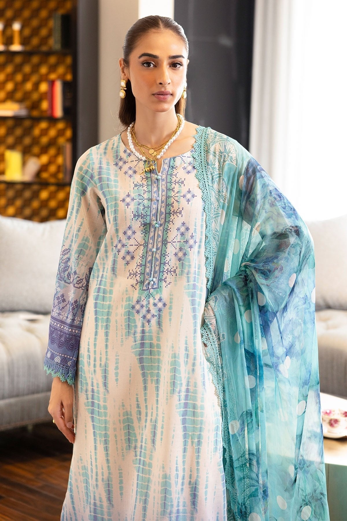 Nureh | Printed lawn 25 | SP-117-Brand:Nureh-Type:Ladies Clothes-Off White-Lawn-House of Maryam- Buy in UK, USA