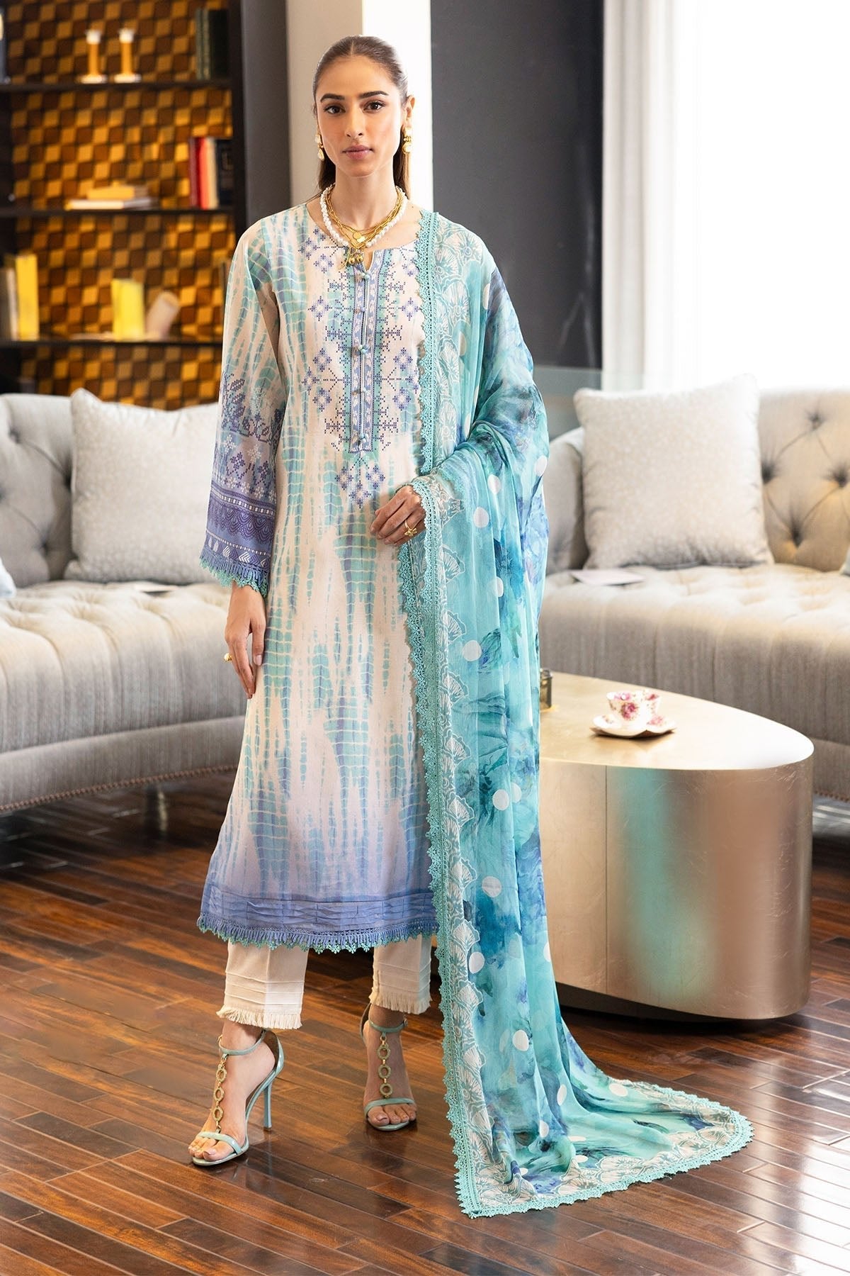Nureh | Printed lawn 25 | SP-117-Brand:Nureh-Type:Ladies Clothes-Off White-Lawn-House of Maryam- Buy in UK, USA