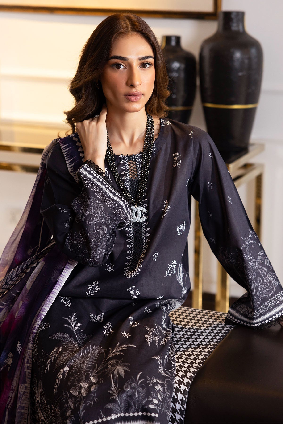 Nureh | Printed lawn 25 | SP-118-Brand:Nureh-Type:Ladies Clothes-Black-Lawn-House of Maryam- Buy in UK, USA