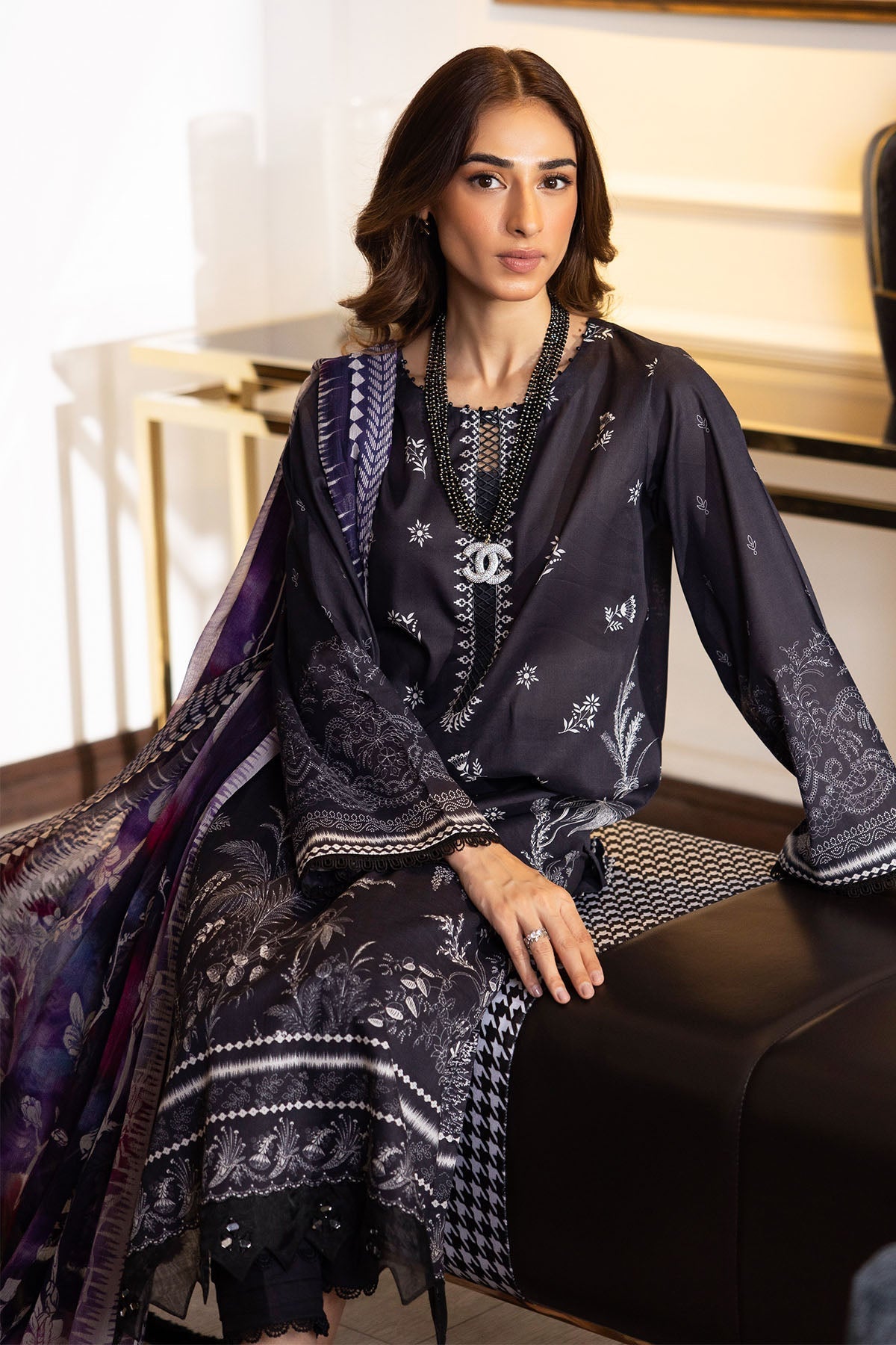 Nureh | Printed lawn 25 | SP-118-Brand:Nureh-Type:Ladies Clothes-Black-Lawn-House of Maryam- Buy in UK, USA