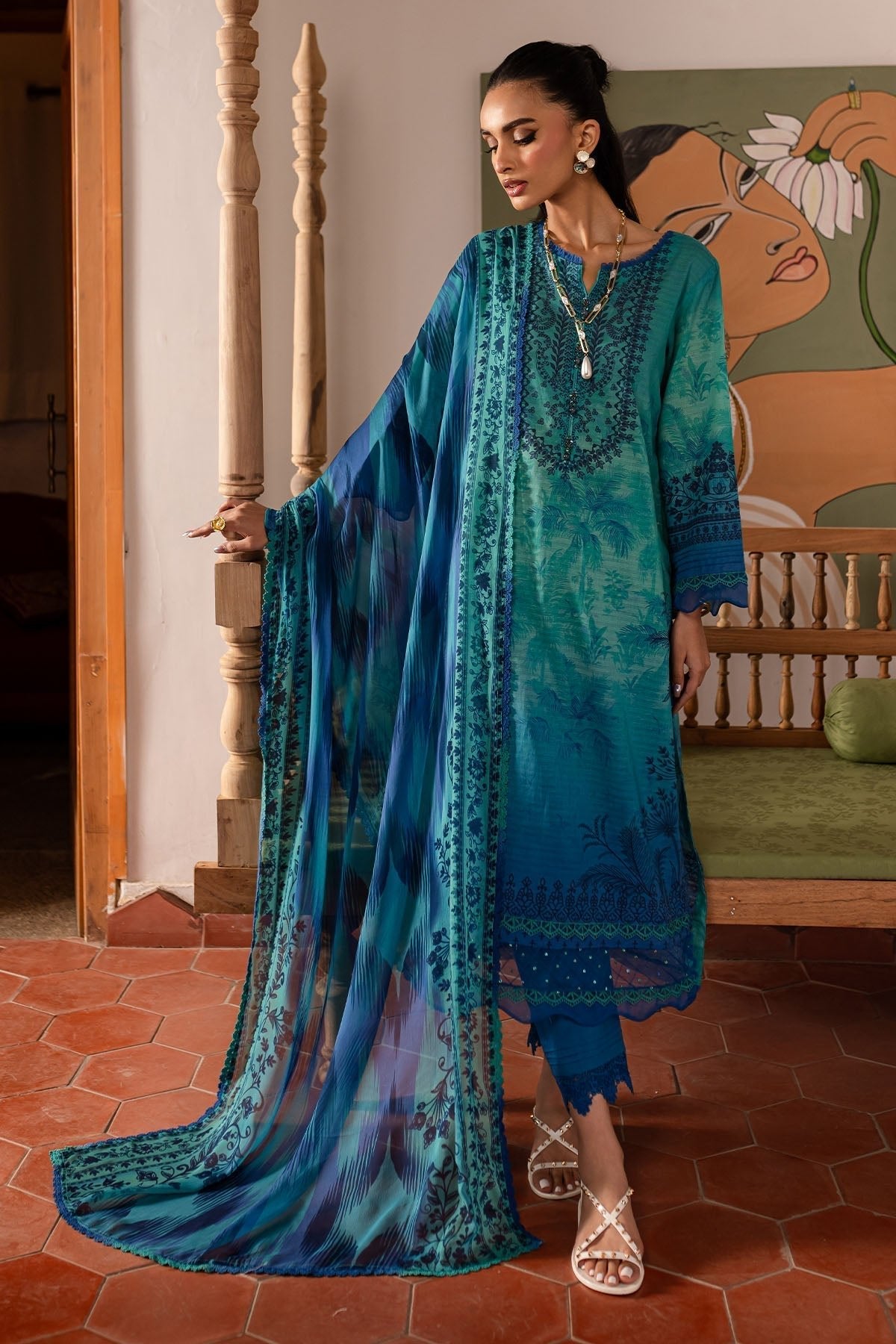Nureh | Printed lawn 25 | SP-138-Brand:Nureh-Type:Ladies Clothes-Blue-Lawn-House of Maryam- Buy in UK, USA