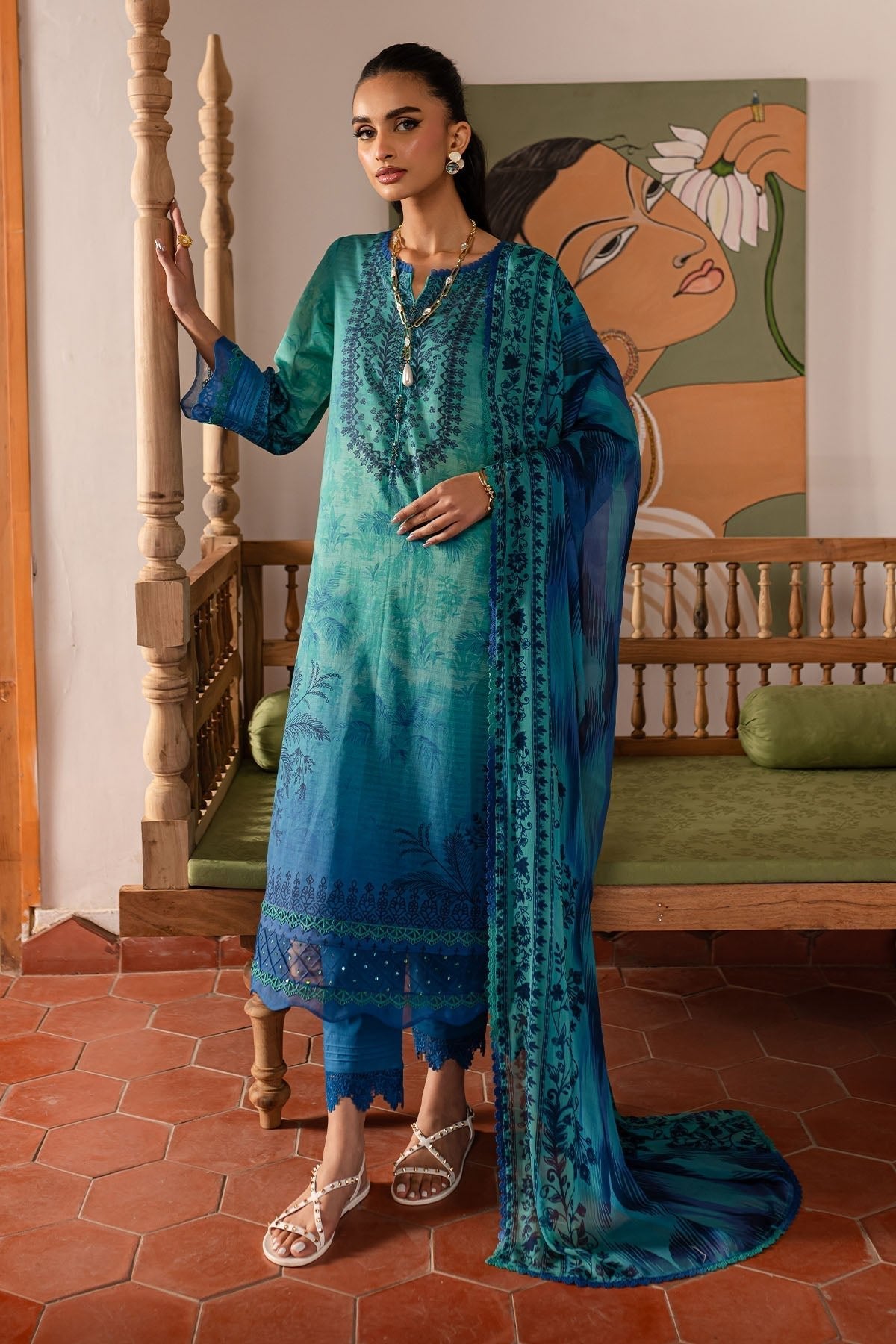 Nureh | Printed lawn 25 | SP-138-Brand:Nureh-Type:Ladies Clothes-Blue-Lawn-House of Maryam- Buy in UK, USA