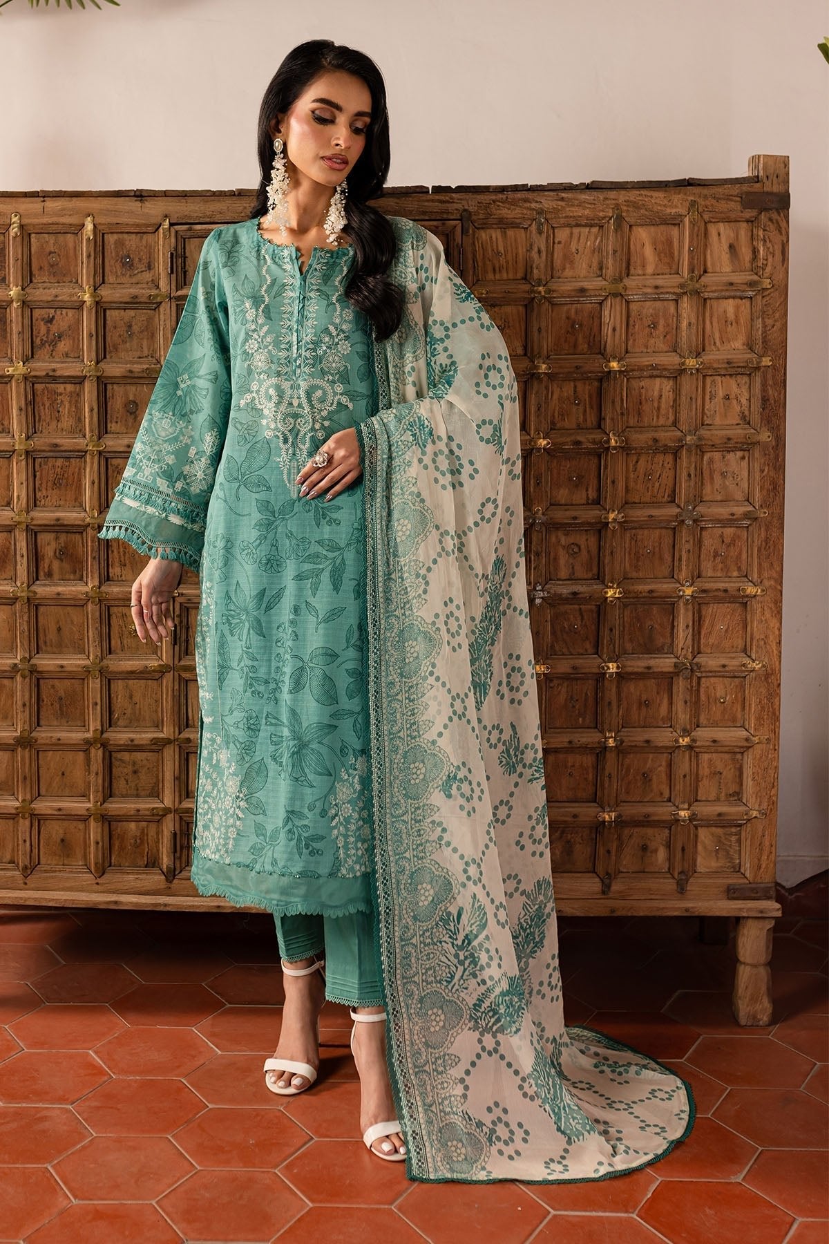 Nureh | Printed lawn 25 | SP-139-Brand:Nureh-Type:Ladies Clothes-Teal Gray-Lawn-House of Maryam- Buy in UK, USA