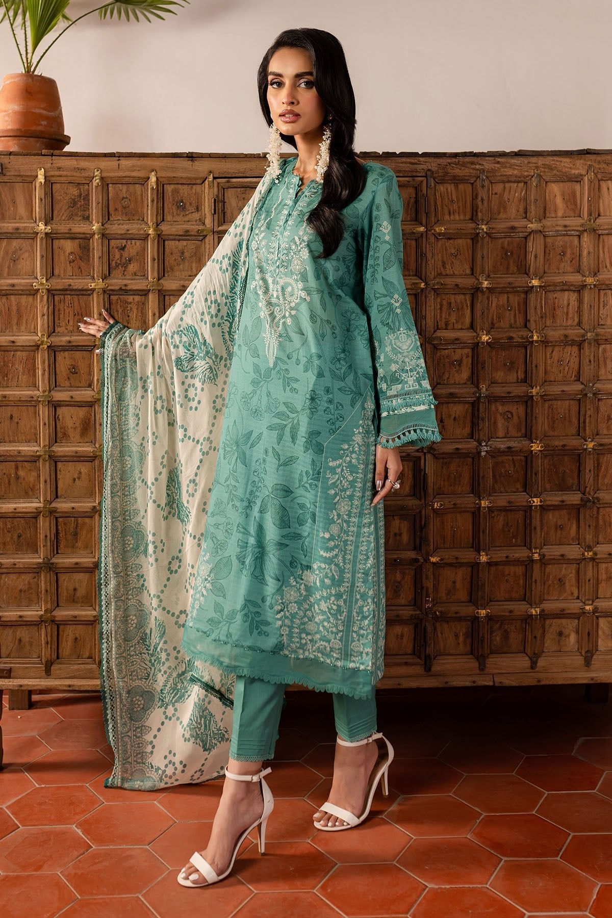 Nureh | Printed lawn 25 | SP-139-Brand:Nureh-Type:Ladies Clothes-Teal Gray-Lawn-House of Maryam- Buy in UK, USA