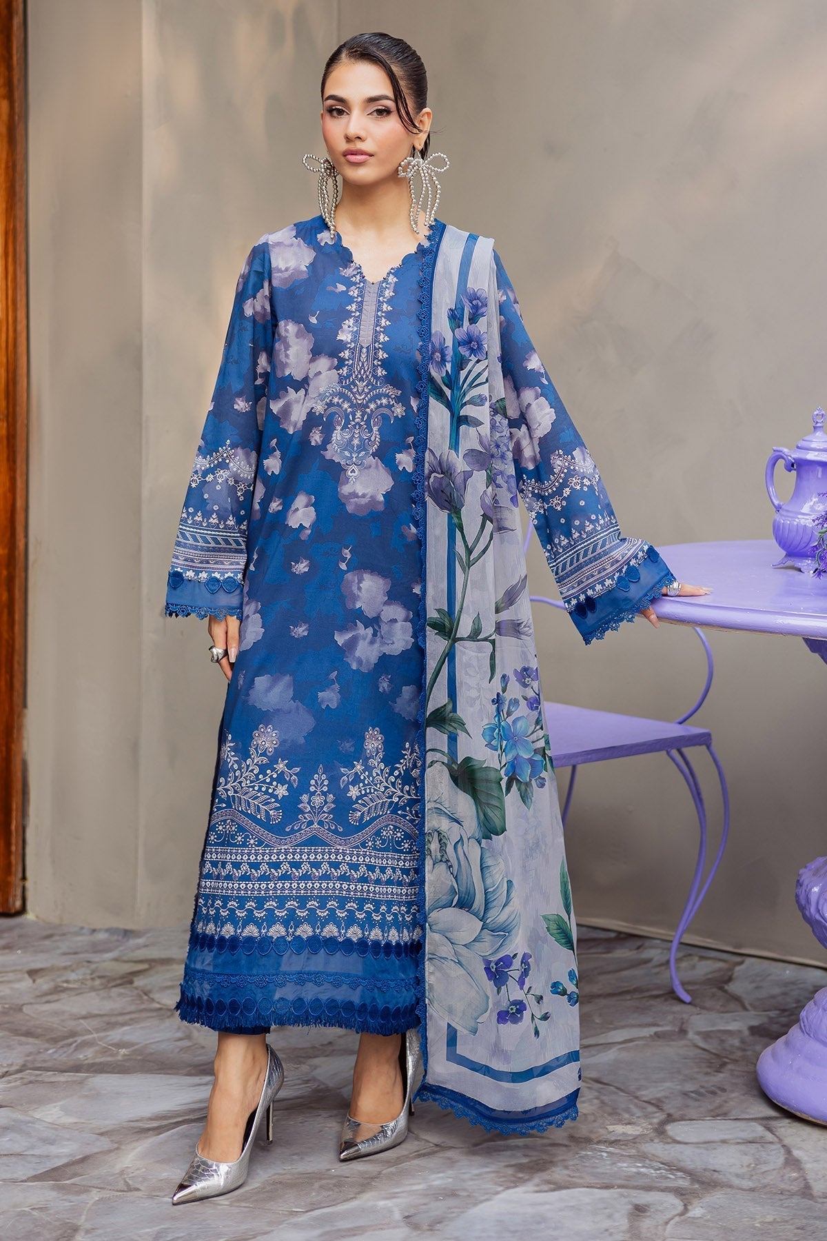 Nureh | Signature Prints 26 | SP-157-Brand:Nureh-Type:Ladies Clothes-Ink Blue-Lawn-House of Maryam- Buy in UK, USA