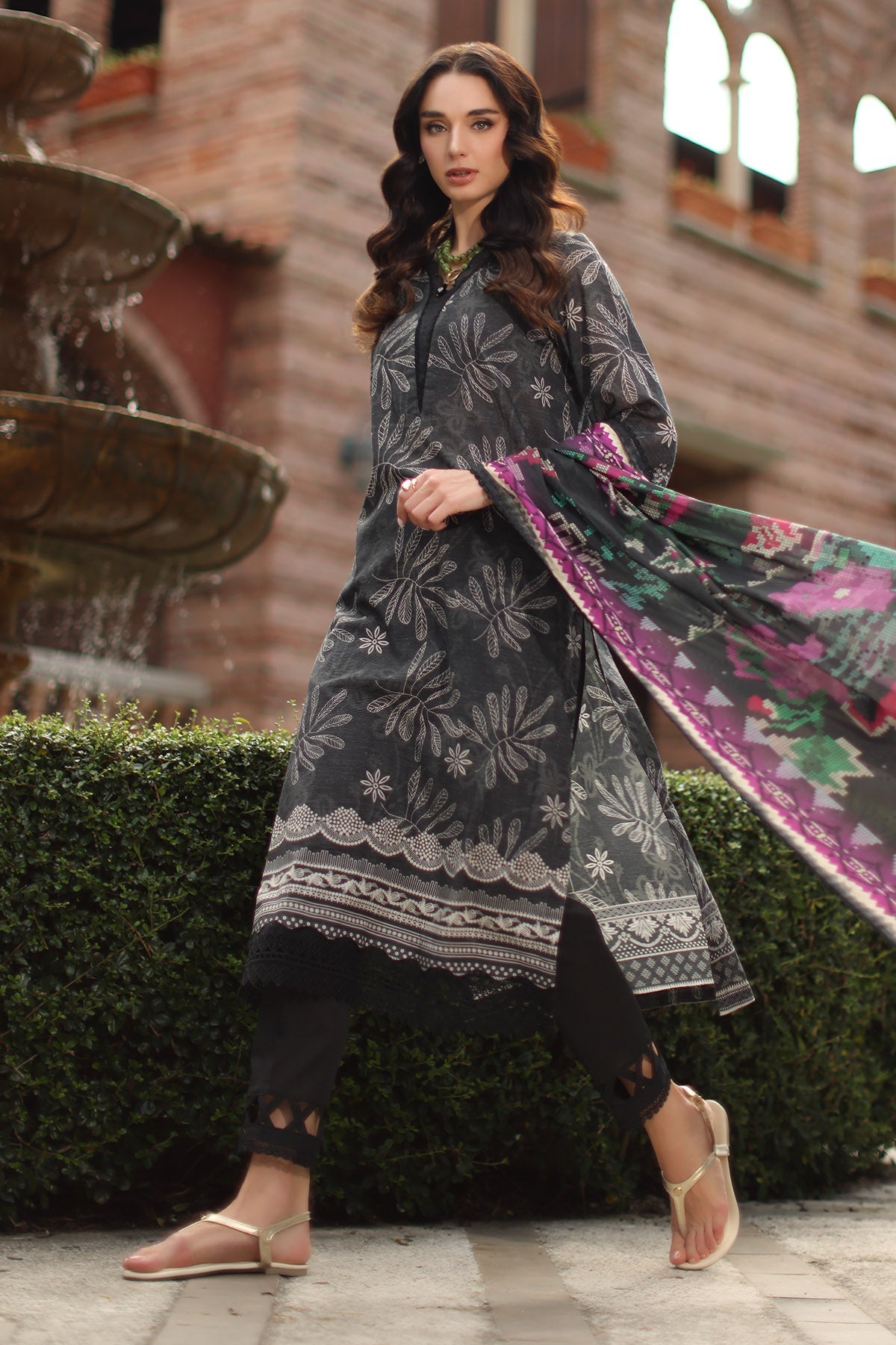 Nureh | Signature Prints 26 | SP-204-Brand:Nureh-Type:Ladies Clothes-Dark Gray-Lawn-House of Maryam- Buy in UK, USA