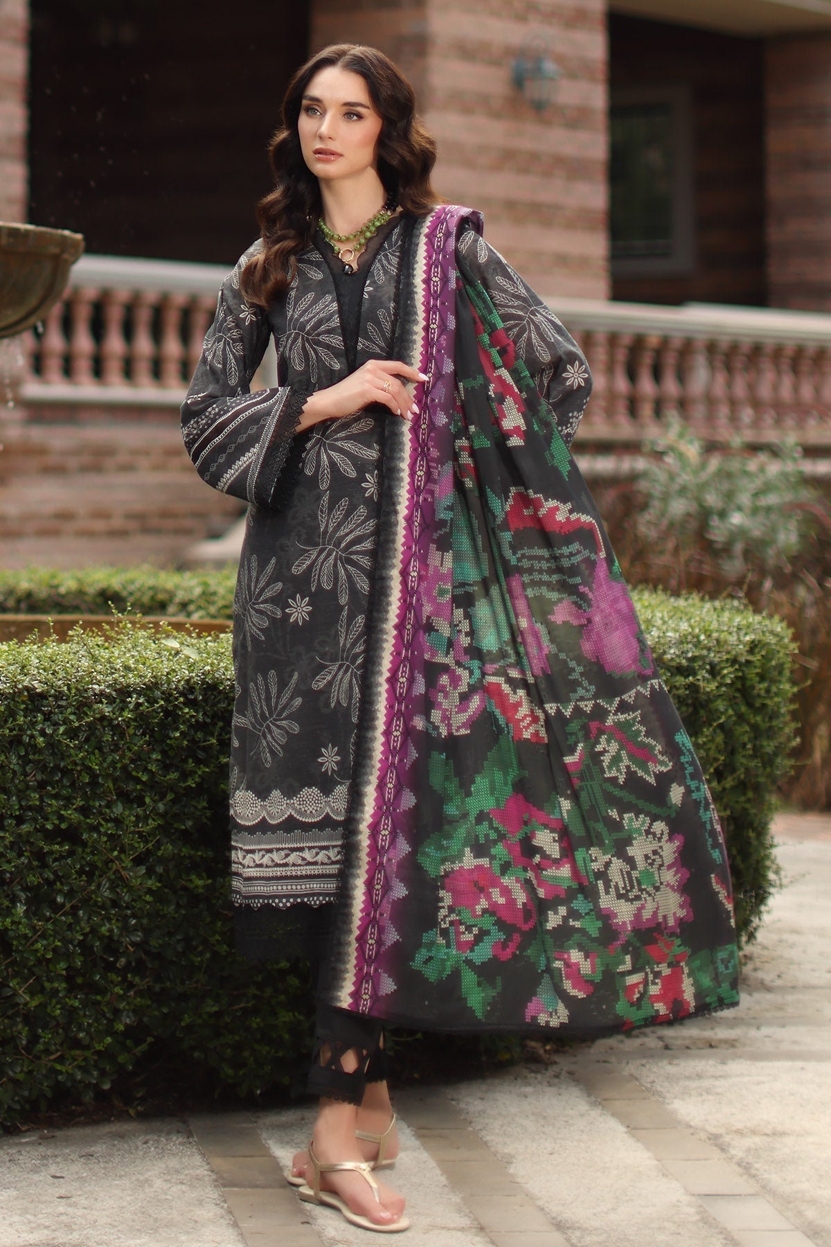 Nureh | Signature Prints 26 | SP-204-Brand:Nureh-Type:Ladies Clothes-Dark Gray-Lawn-House of Maryam- Buy in UK, USA