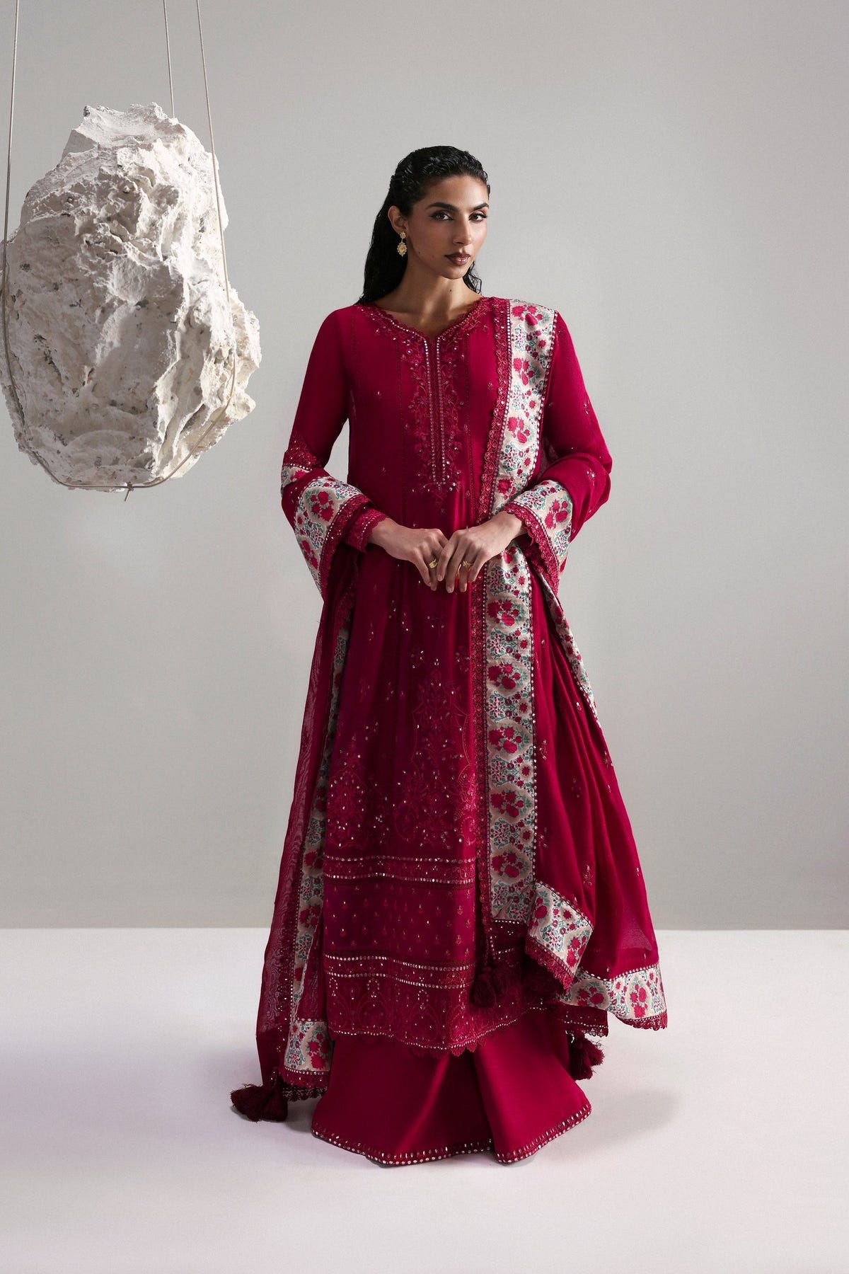 Afrozeh Roselith crimson red khaadi net formal suit