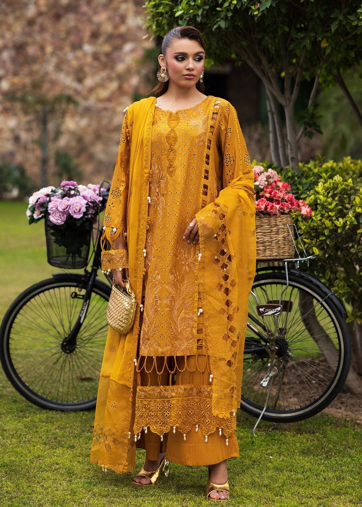 Paras by Pasha | Bloom and Beyond | Marigold Bloom-Brand:Paras by Pasha-Type:Ladies Clothes-Mustard Yellow-Chikankari-House of Maryam- Buy in UK, USA