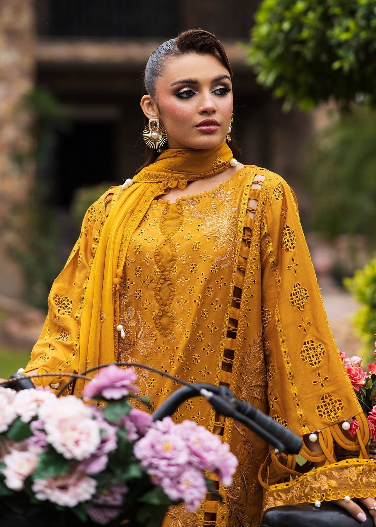 Paras by Pasha | Bloom and Beyond | Marigold Bloom-Brand:Paras by Pasha-Type:Ladies Clothes-Mustard Yellow-Chikankari-House of Maryam- Buy in UK, USA
