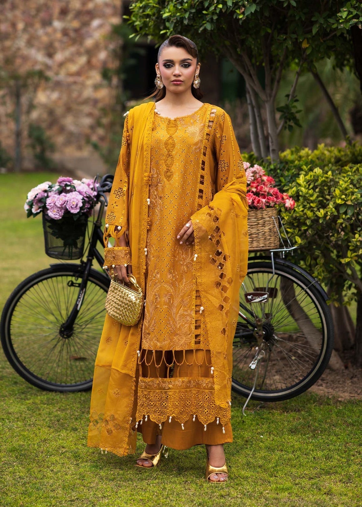 Paras by Pasha | Bloom and Beyond | Marigold Bloom-Brand:Paras by Pasha-Type:Ladies Clothes-Mustard Yellow-Chikankari-House of Maryam- Buy in UK, USA