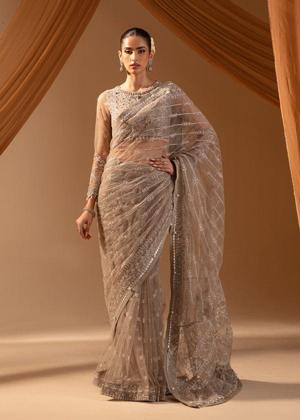 Paras by Pasha | Noor -e- Jahan Saree Collection | Abr-e-Shaam-Brand:Paras by Pasha-Type:Ladies Clothes-Gray-Net-House of Maryam- Buy in UK, USA