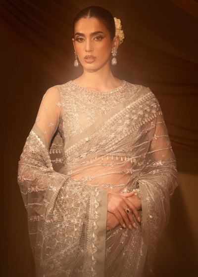 Paras by Pasha | Noor -e- Jahan Saree Collection | Abr-e-Shaam-Brand:Paras by Pasha-Type:Ladies Clothes-Gray-Net-House of Maryam- Buy in UK, USA