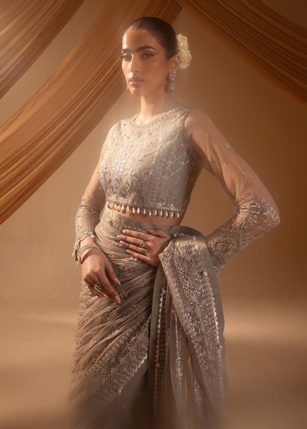 Paras by Pasha | Noor -e- Jahan Saree Collection | Abr-e-Shaam-Brand:Paras by Pasha-Type:Ladies Clothes-Gray-Net-House of Maryam- Buy in UK, USA