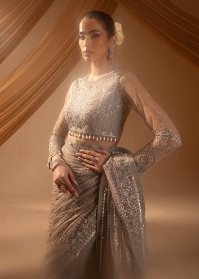 Paras by Pasha | Noor -e- Jahan Saree Collection | Abr-e-Shaam-Brand:Paras by Pasha-Type:Ladies Clothes-Gray-Net-House of Maryam- Buy in UK, USA