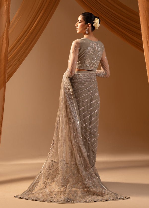 Paras by Pasha | Noor -e- Jahan Saree Collection | Abr-e-Shaam-Brand:Paras by Pasha-Type:Ladies Clothes-Gray-Net-House of Maryam- Buy in UK, USA