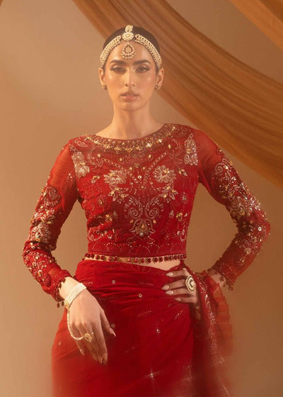 Paras by Pasha | Noor -e- Jahan Saree Collection | Laal-e-Jahan-Brand:Paras by Pasha-Type:Ladies Clothes-Crimson-Chiffon-House of Maryam- Buy in UK, USA