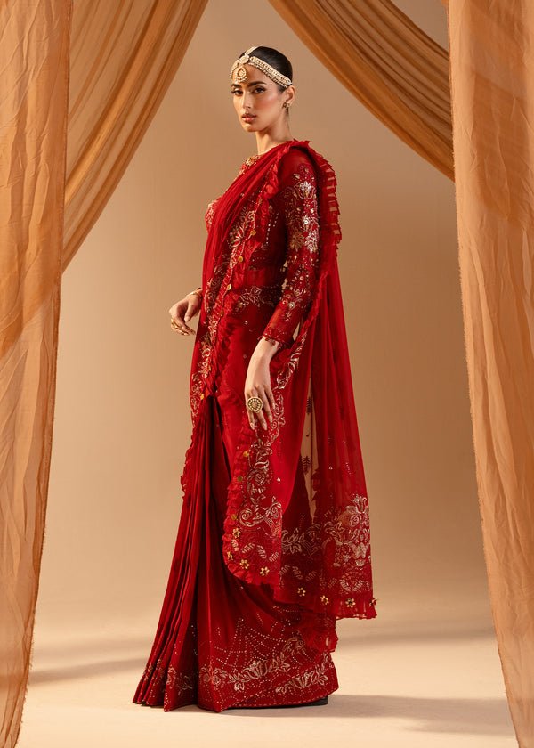 Paras by Pasha | Noor -e- Jahan Saree Collection | Laal-e-Jahan-Brand:Paras by Pasha-Type:Ladies Clothes-Crimson-Chiffon-House of Maryam- Buy in UK, USA