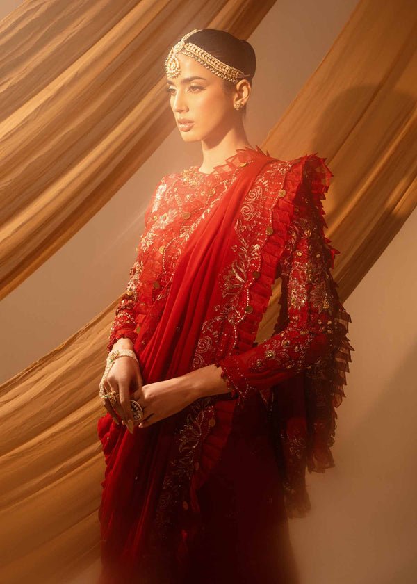Paras by Pasha | Noor -e- Jahan Saree Collection | Laal-e-Jahan-Brand:Paras by Pasha-Type:Ladies Clothes-Crimson-Chiffon-House of Maryam- Buy in UK, USA
