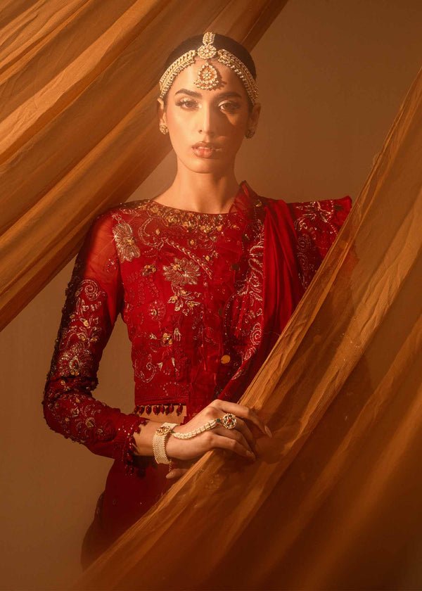 Paras by Pasha | Noor -e- Jahan Saree Collection | Laal-e-Jahan-Brand:Paras by Pasha-Type:Ladies Clothes-Crimson-Chiffon-House of Maryam- Buy in UK, USA