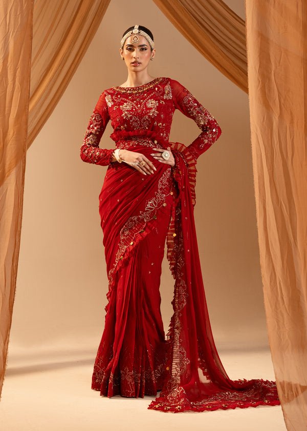 Paras by Pasha | Noor -e- Jahan Saree Collection | Laal-e-Jahan-Brand:Paras by Pasha-Type:Ladies Clothes-Crimson-Chiffon-House of Maryam- Buy in UK, USA
