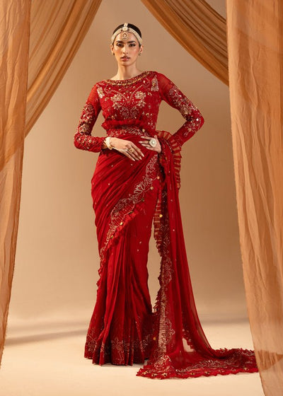 Paras by Pasha | Noor -e- Jahan Saree Collection | Laal-e-Jahan-Brand:Paras by Pasha-Type:Ladies Clothes-Crimson-Chiffon-House of Maryam- Buy in UK, USA