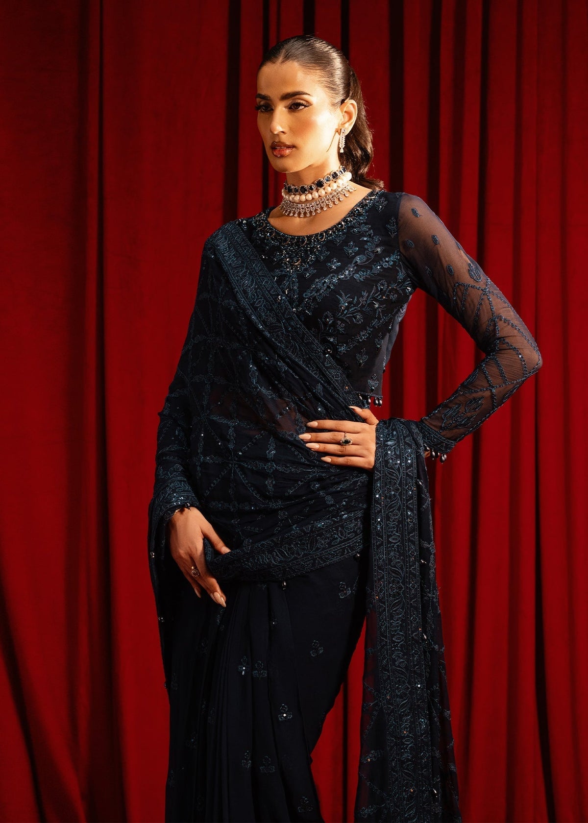 Paras by Pasha | Noor -e- Jahan Saree Collection | Neel-e-Noor-Brand:Paras by Pasha-Type:Ladies Clothes-Midnight Blue-Chiffon-House of Maryam- Buy in UK, USA