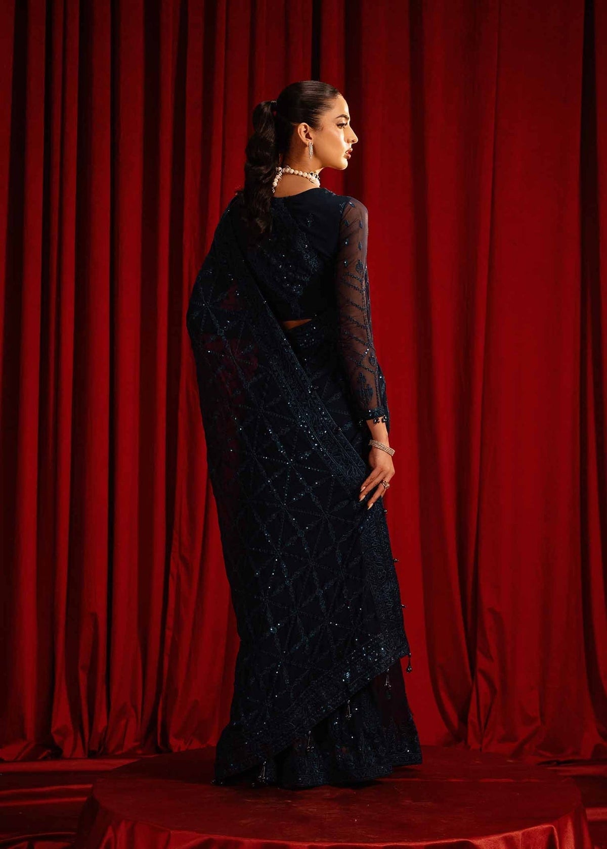 Paras by Pasha | Noor -e- Jahan Saree Collection | Neel-e-Noor-Brand:Paras by Pasha-Type:Ladies Clothes-Midnight Blue-Chiffon-House of Maryam- Buy in UK, USA