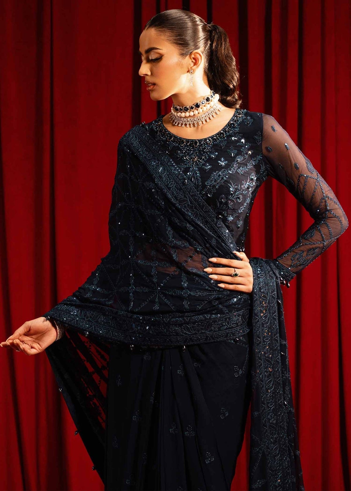 Paras by Pasha | Noor -e- Jahan Saree Collection | Neel-e-Noor-Brand:Paras by Pasha-Type:Ladies Clothes-Midnight Blue-Chiffon-House of Maryam- Buy in UK, USA