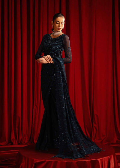 Paras by Pasha | Noor -e- Jahan Saree Collection | Neel-e-Noor-Brand:Paras by Pasha-Type:Ladies Clothes-Midnight Blue-Chiffon-House of Maryam- Buy in UK, USA