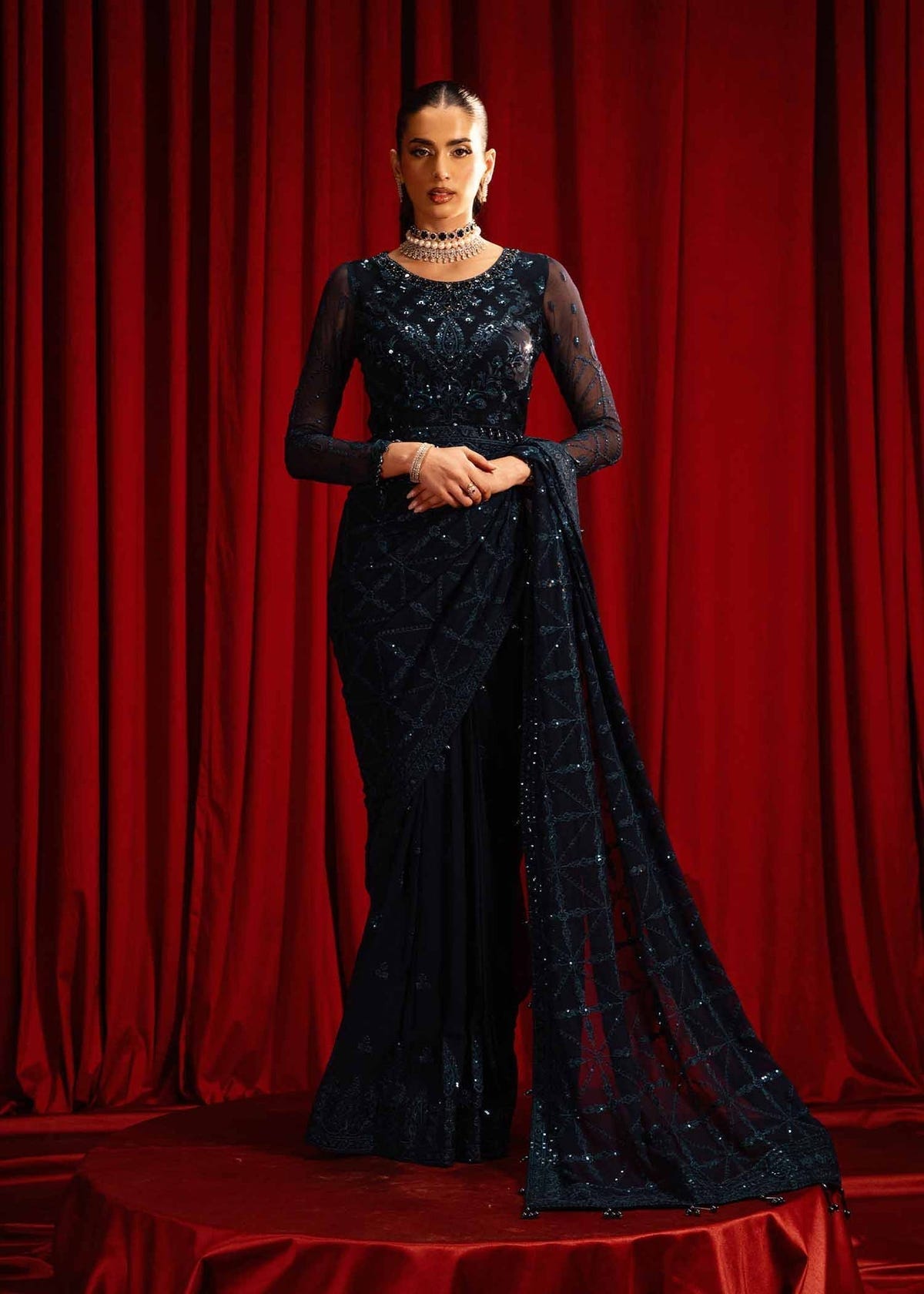 Paras by Pasha | Noor -e- Jahan Saree Collection | Neel-e-Noor-Brand:Paras by Pasha-Type:Ladies Clothes-Midnight Blue-Chiffon-House of Maryam- Buy in UK, USA