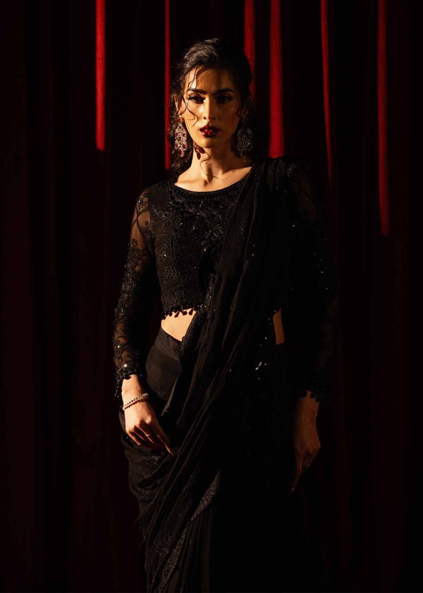 Paras by Pasha | Noor -e- Jahan Saree Collection | Shab-e-Noor-Brand:Paras by Pasha-Type:Ladies Clothes-Black-Chiffon-House of Maryam- Buy in UK, USA